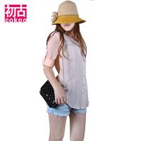 初古2016夏装新款韩版雪纺衬衫女短袖五分袖卷袖纯色OL职业休闲