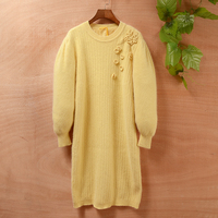 vintage复古韩国安哥拉长兔毛兔绒厚实立体花朵黄色连衣裙毛衣