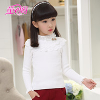 2015秋季韩版女童长袖打底衫 儿童高领毛衣 白色公主蕾丝花边线衣