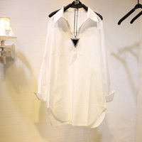 2015春秋装新款韩版大码中长款休闲立领衬衫女士长袖打底棉白衬衫