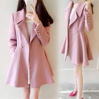 2015韩版修身气质粉色双排扣毛呢外套 中长款羊毛呢子大衣