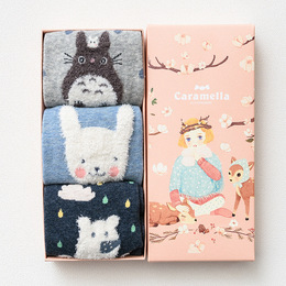 【3件包邮】caramella可爱清新蓝色系大头动物女士礼盒棉袜 3双装