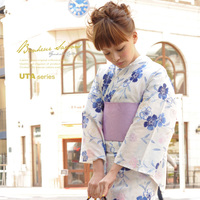 日本代购 高档仙 和服浴衣+木屐+腰带 3件套 抚子蓝紫带