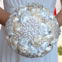 欧式新娘伴娘手捧花球仿真玫瑰绸缎珍珠水钻丝带花束创意结婚礼物