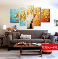 简欧现代家居客厅装饰画纯手绘油画五联组合抽象厚立体挂画发财树