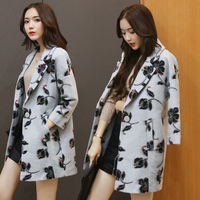 2016新款韩版印花修身西装领通勤气质中长款羊毛大衣女潮呢子外套