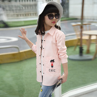 粉色女童衬衣韩版儿童装卡通9春款女大童白色长袖休闲衬衫