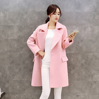 2015冬装新款女装中长款韩版修身羊毛呢外套西装领粉色呢子大衣潮