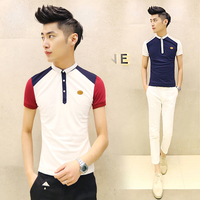 厂家直销2015夏新款韩版青年男士短袖丝光休闲拼接条纹修身polo衫