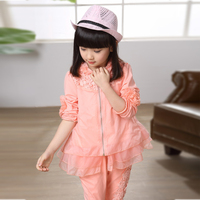 2015春季新款女童衣服儿童中大童公主套装长袖蕾丝印花两件套正品