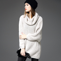 欧洲站2015秋冬季新款女装堆堆领中长款茧型套头毛衣针织衫打底衫