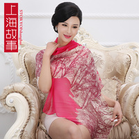 上海故事雪纺印花长巾 100%桑蚕丝真丝围巾长款丝巾包邮 女春夏季