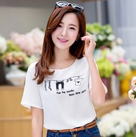 2015夏季新款韩版女装时尚修身印花雪纺百搭短袖T恤