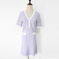 2016粉蓝色冰淇淋口袋针织混色条纹显瘦V领针织短袖连衣裙女