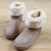 人本 正品新款雪地靴女中筒加厚保暖韩版纯色套筒棉靴子女棉鞋