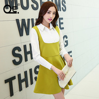 QE．2015品牌女装韩国秋季新款衬衫裙POLO领短裙假两件撞色连衣裙