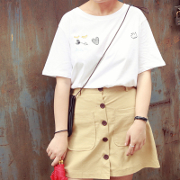 韩国纯棉短款卡通刺绣白色短袖T恤 夏季新品女装全棉直筒可爱半袖