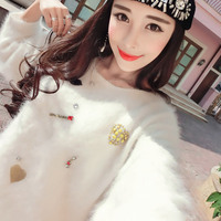 韩国代购冬季新品学生打底针织衫女短款马海毛镶钻刺绣套头毛衣女
