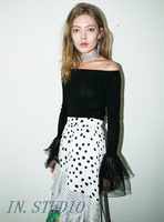 17韩国设计师品牌TRUE ROMANCE正品代购 网纱袖口露肩针织衫