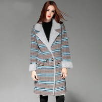 2015秋冬季欧美长款时尚简约大衣女西装领条纹山羊绒修身外套毛呢