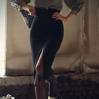 韩版新款高腰前开叉中长半身裙 性感黑色中长裙 气质优雅半身裙夏