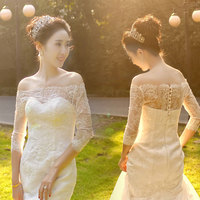 婚纱礼服2015新款韩式一字肩鱼尾新娘结婚蕾丝中袖修身简约包臀冬
