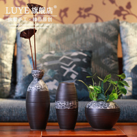 美式景德镇粗陶瓷器花瓶家居黑色桌面摆件仿真花瓶复古客厅装饰品