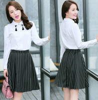韩版2015秋新款女装修身雪纺连衣裙A字裙OL竖条纹衬衫裙两件套装