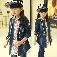 童装 女童2015新款秋装韩版潮 儿童衣服中大童牛仔外套中长款风衣
