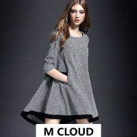 2016年欧洲站新款 早春正品灰色圆领纯色时尚中袖不规则廓形促销