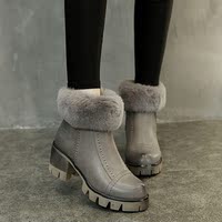 2015冬季新款女鞋高跟英伦女靴兔毛短靴粗跟马丁靴加绒保暖女棉靴