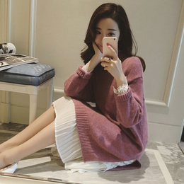 2015冬装新款韩版纯色两侧开叉含兔毛长款毛衣连衣裙9530