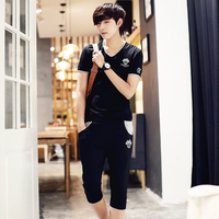 2015男士新款纯棉短袖套装韩版T恤青少年夏季运动服V领修身小衫潮