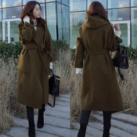 秋冬新款韩版双面绒羊毛呢子大衣女修身系带加厚连帽中长款外套潮