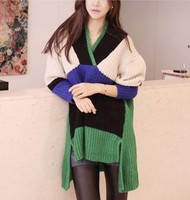 韩国2016新款复古V领拼色前短后长毛衣宽松大码针织打底衫中裙女