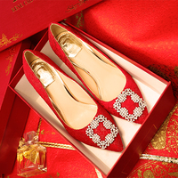 秋冬水晶婚鞋红色高跟鞋细跟尖头超高跟结婚鞋蕾丝孕妇中跟新娘鞋