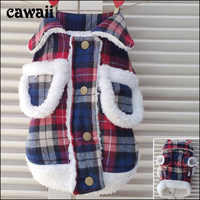 cawaii秋冬新款毛毛口袋格子棉衣 两脚泰迪狗仔衫 宠物衣服比熊衫