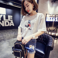 2015夏女装新款 韩版条纹米奇卡通印花t恤衫圆领短袖打底衫女上衣