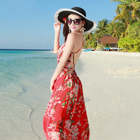 马尔代夫夏女雪纺印花露背大摆波西米亚长裙海边度假沙滩裙连衣裙