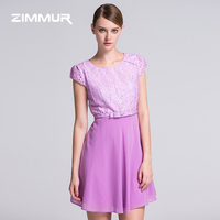 ZIMMUR旗舰店2014夏装圆领紫色雪纺气质优雅通勤连衣裙RD74089096