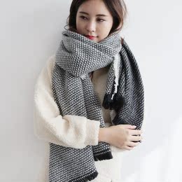 2015韩国冬季款小菱形格子双面仿羊绒毛边围巾保暖披肩两用加厚女