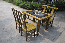 大理石火锅桌 火锅店餐桌椅组合煤气灶电磁炉 实木火锅桌椅C33