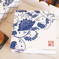 4粒60-80克蓝色青花月饼盒牛轧糖盒雪媚娘蛋糕曲奇饼干西点盒