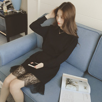 2015韩国新版套头收腰修身蕾丝拼接中长款长袖针织毛线连衣裙女