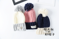 新品韩版秋冬季女士布标拼毛线帽 撞色保暖针织帽护耳套头帽子