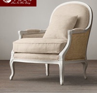 法式乡村红橡实木雕花布艺休闲沙发椅 欧式美式沙发椅