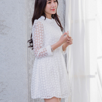 2015春装新款韩版甜美修身显瘦打底裙欧根纱钉珠中袖蕾丝连衣裙