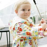 韩国儿童雨衣男女宝宝雨衣雨披可爱猫头鹰卡通尼龙拉链松紧带雨衣
