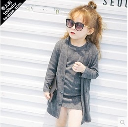 2016韩版女童套装秋季新款欧美范高品质条纹棉背心裙+开衫外套