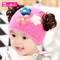 婴儿假发帽子 韩版婴幼儿花朵公主帽 女宝宝冬季天保暖毛线套头帽